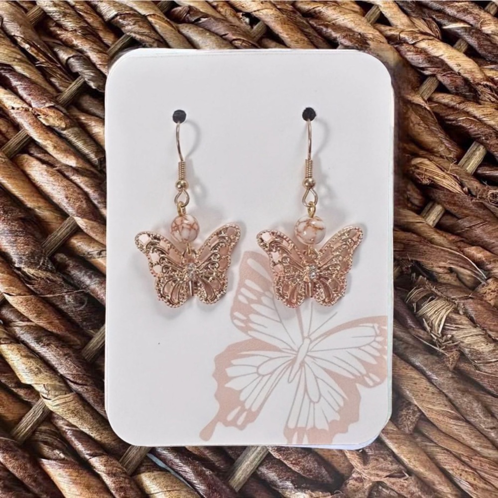 New Gold-Tone Butterfly Dangle Earrings w/White Howlite Spun Gold Stone Beads